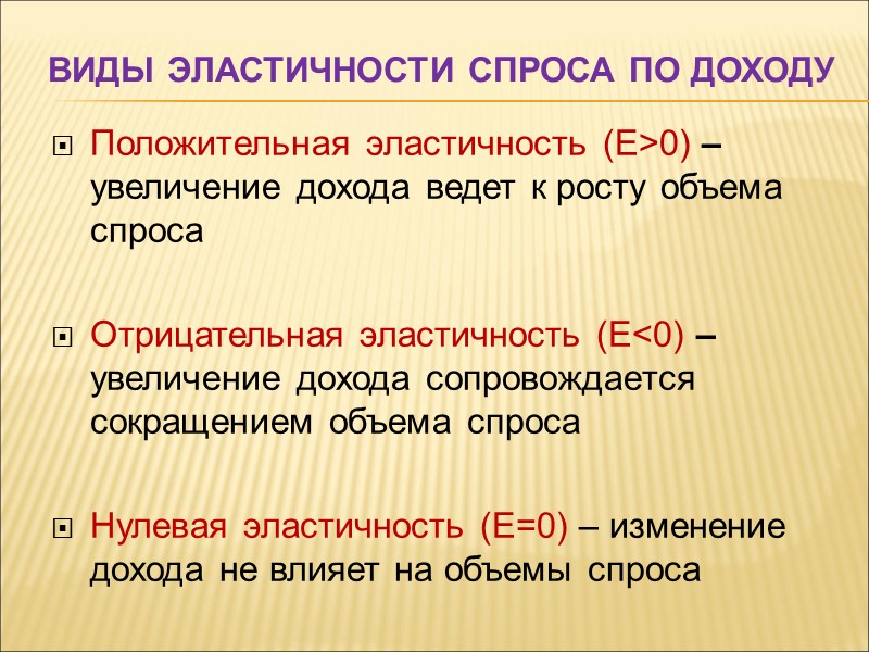 Виды эластичности спроса по доходу Положительная эластичность (Е>0) – увеличение дохода ведет к росту